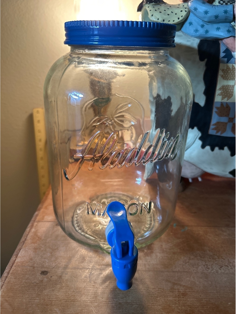 Vintage Aladdin Glass Beverage Dispenser with Blue Lid and Spigot